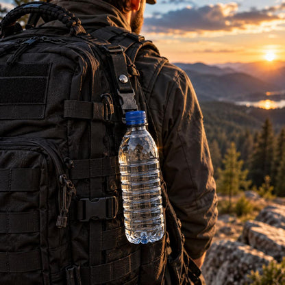 Schwarzer EDC Flaschenclip mit PET-Flasche an einem Outdoor-Rucksack