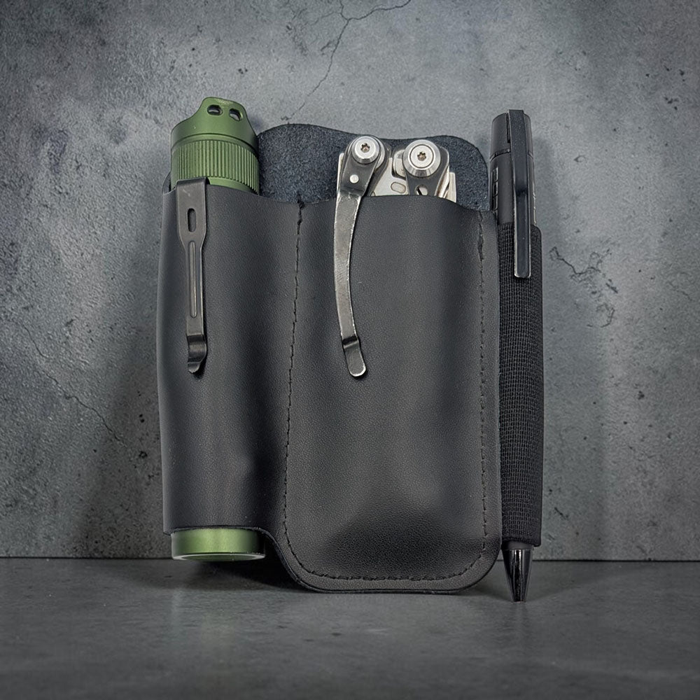 Schwarzer Leder EDC Pocket Organizer für Everyday Carry Gadgets und Ausrüstung